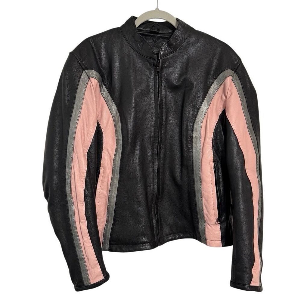 Vintage Y2K Hot Leathers Black Genuine Leather Moto Jacket Pink Silver Stripes X
